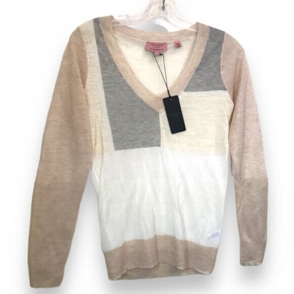 Ted Baker NEW Intarsia Cotton Linen Lightweight Color Block V Neck Sweater Top S - Picture 2 of 16